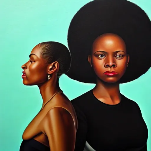 Prompt: a painting of a woman wearing a black dress, a portrait by kadir nelson, trending on cgsociety, afrofuturism, hyper realism, detailed painting, rococo