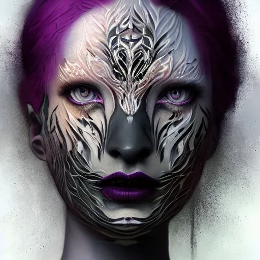 Prompt: tom bagshaw, soft painting fractal curiosities carnival, very beautiful female mutation tigress in full nightshade gothic armor, accurate features, focus, very intricate ultrafine details, black white purple volumetric clouds, award winning masterpiece, octane render 8 k hd