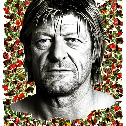 Prompt: a portrait of of sean bean constructed from beans, collage, drop shadow, organic, layered composition, layers, texture, mcu, petals, highly textured, layered, sculpted, dynamic,