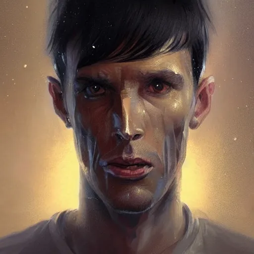 Image similar to portrait of a shocked man by greg rutkowski, he is about 3 0 years old, short black hair with bangs, scared and incredulous, very tall and slender, he is wearing futuristic space gear, highly detailed portrait, digital painting, artstation, concept art, smooth, sharp foccus ilustration, artstation hq