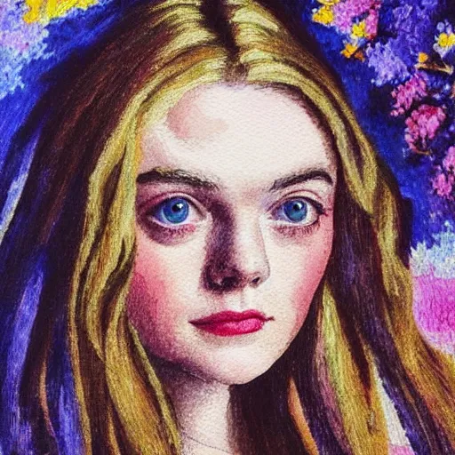 Prompt: professional painting of Elle Fanning in the style of Henri-Edmond Cross, head and shoulders portrait, symmetrical facial features, smooth, sharp focus, illustration, intricate, stormy weather, extremely detailed masterpiece,