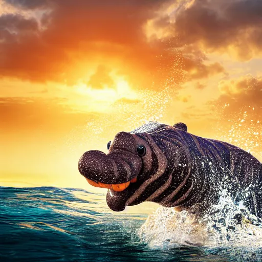 Image similar to a closeup photorealistic photograph of a cute smiling knitted tiger hippopotamus splashing in the waves at sunset. surf in background. professional capture. brightly lit scene. this 4 k hd image is trending on artstation, featured on behance, well - rendered, extra crisp, features intricate detail, epic composition and the style of unreal engine.