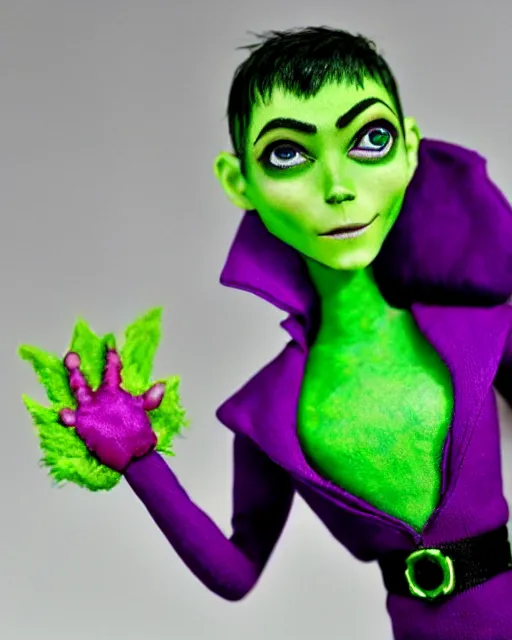 Prompt: actress ruby rose as the purple skinned green lantern soranik natu, as a highly detailed stop motion puppet, in the style of laika studios ’ s paranorman, coraline, kubo and the two strings shot in the style