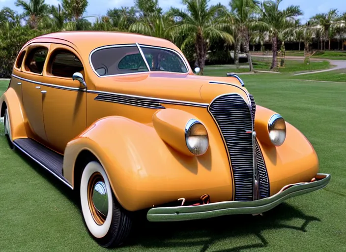 Image similar to 1 9 3 7 pontiac sedan, two tone, tan, palm trees in the background