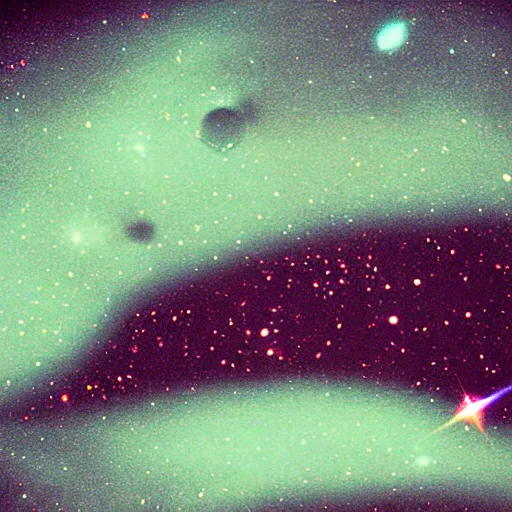 Prompt: Fuji chrome slide film cross process James Webb deep field photograph cinematic galaxies mystery