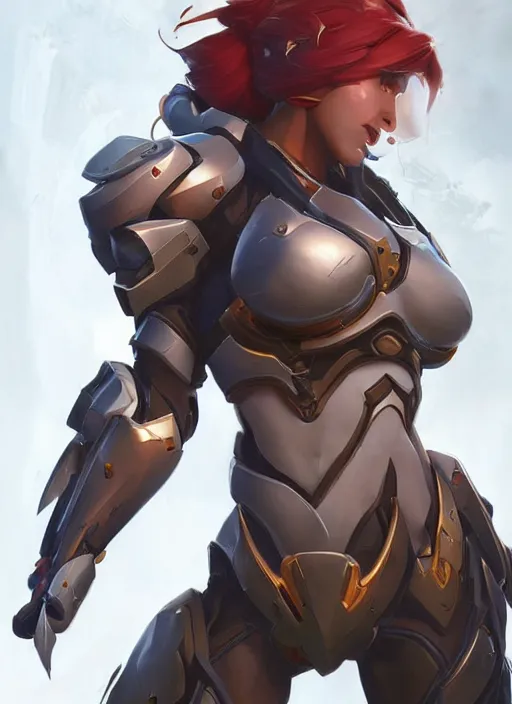 Prompt: beautiful new female character for overwatch, character concept art, full body armor, steel plating, huge weapon, super powers, athletic, long red hair, symmetry, intricate design, shiny, highly detailed, hd, dramatic lighting, art by artgerm and greg rutkowski