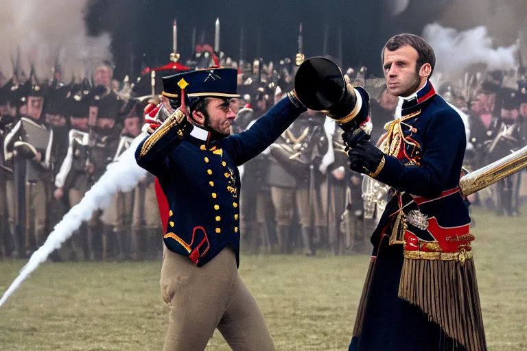 Image similar to closeup portrait of emmanuel macron dressed as napoleon firing a cannon at england, natural light, sharp, detailed face, magazine, press, photo, steve mccurry, david lazar, canon, nikon, focus