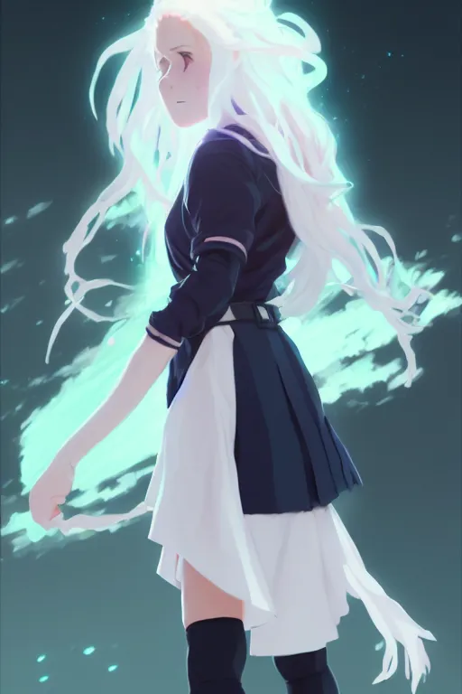 Prompt: visual novel sprite of female student witch by greg rutkowski, genshin impact, witch academia, magic school uniform, glowing white iridescent hair color, by studio ghibli, digital art, trending on artstation, hd, 8 k, highly detailed, good lighting, beautiful, masterpiece