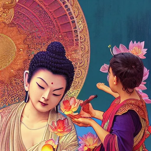 Image similar to one Buddha is giving a lotus flower to another young Buddha, illustration, happy, intricate, colorful, art by artgerm and greg rutkowski and alphonse mucha and simon stalenhag