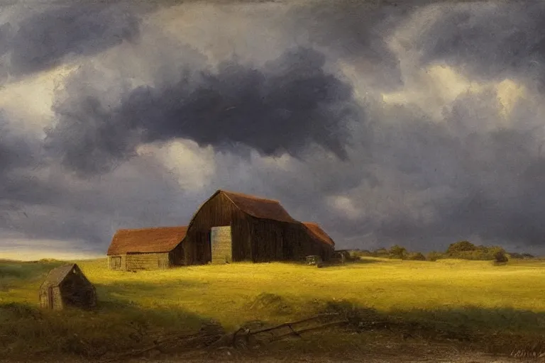 Prompt: a barn in the countryside, dramatic lighting, dramatic clouds, edward harrison compton