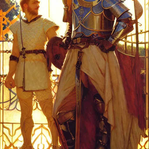 Image similar to attractive arthur pendragon and his attractive male knight, they are in love, natural lighting, path traced, highly detailed, high quality, digital painting, by gaston bussiere, craig mullins, alphonse mucha j. c. leyendecker