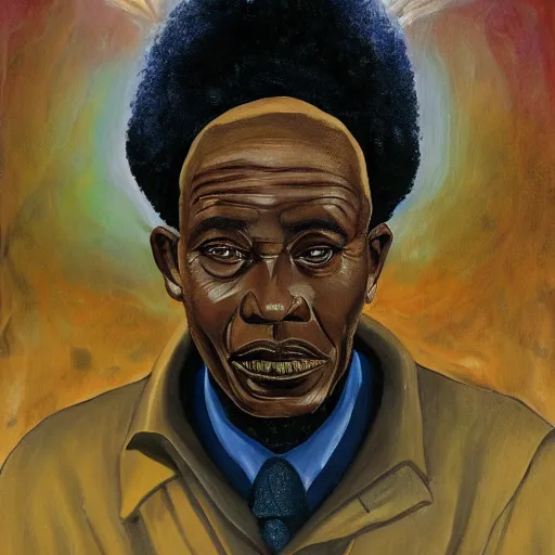 Image similar to a painting of a loving, caring fatherly wide forehead, aquiline nose, round face, XXL , generous, ever-present, humble, wise elder from Kenya in a suit by Wangechi Mutu . Fatherly/daddy, focused, loving, leader, relaxed. Blue background, heavenly lights, details, smooth, sharp focus, illustration, realistic, cinematic, artstation, award winning, rgb , unreal engine, octane render, cinematic light, macro, depth of field, blur, light and clouds, highly detailed epic cinematic concept art CG render made in Maya, Blender and Photoshop, octane render, excellent composition, dynamic dramatic cinematic lighting, aesthetic, very inspirational, arthouse.