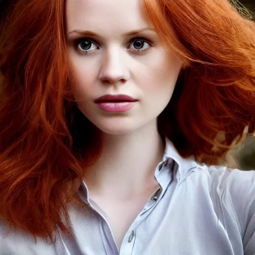 Prompt: hyper realistic, full perfect face, realistic, highly detailed background, photography beautiful girl, face tamzin merchant, red hair, style of applicatio