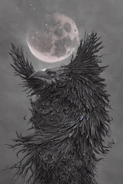 Prompt: Intricate stunning highly detailed surreal raven by agostino arrivabene, sculpture, ultra realistic, Horror, full blood moon, thick swirling smoke tornado, fire embers, trending on artstation