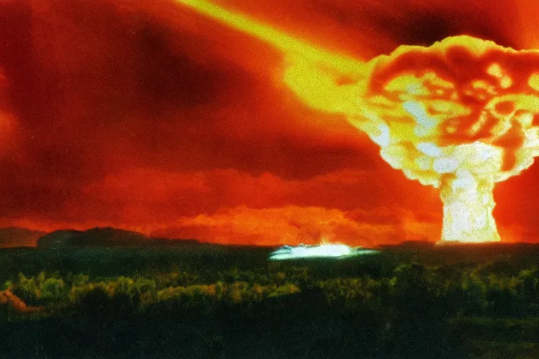 Prompt: nuclear explosion, mushroom cloud in the distance, shockwave rips across the land, cinematic