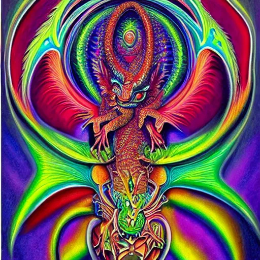 Image similar to a painting of a dragon with a psychedelic look, a detailed painting by alex grey, reddit contest winner, psychedelic art, detailed painting, psychedelic, ( ( made of crystals ) )