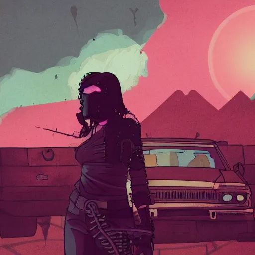 Image similar to a colorful comic noir illustration of a mad max woman in a post-apocalyptic city decaying in the desert, dark vibes, pastel lighting, cinematic, depth of field, 8k, high contrast