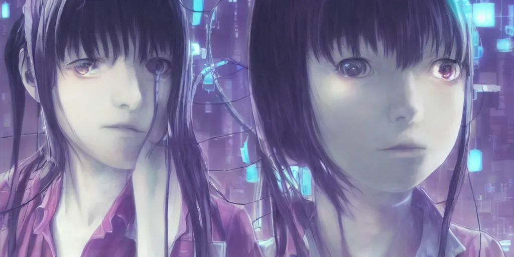 Image similar to serial experiments lain, teen girl, wired landscape, cyberpunk, psychological, photo realistic, volumetric lighting, digital art, anime background, violet color palette, very detailed faces, art by range murata and yasuyuki ueda