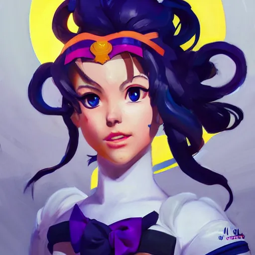 Image similar to greg manchess portrait painting of sailor moon as overwatch character, medium shot, asymmetrical, profile picture, organic painting, sunny day, matte painting, bold shapes, hard edges, street art, trending on artstation, by huang guangjian and gil elvgren and sachin teng