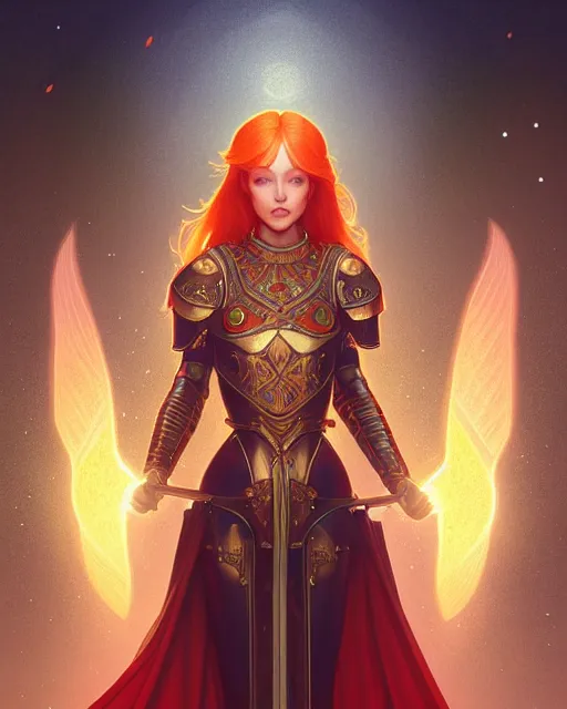 Image similar to symmetry full body of redhead princess, glam, cleric wearing armor plate, fireflies, crypt background, intricate, elegant, highly detailed, digital painting, artstation, concept art, smooth, sharp focus, illustration, art by artgerm and greg rutkowski and fra angelico and alphons mucha