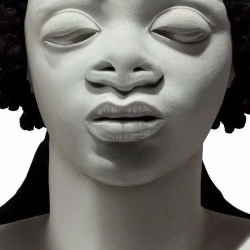 Prompt: a photorealistic all white marble sculpture of a black girl with a white afro crying