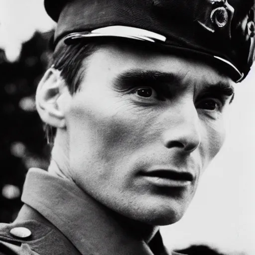 Image similar to cillian murphy in a world war ii uniform, black and white film photography, realistic face, cabinet card, 2 5 mm lens, cinematography by roger deakins