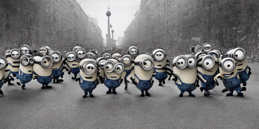 Image similar to minions from despicable me winning world war 2 and parading through berlin, hyper realistic, award winning photo, award winning, sharp focus, black and white