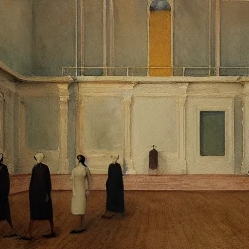 Image similar to a procession of women in an abandoned ivory and gold soviet temple, watercolor by ivan biblin, by hammershøi, art noveau, highly detailed, lights by edward hopper, liminal, eerie, bright pastel colors