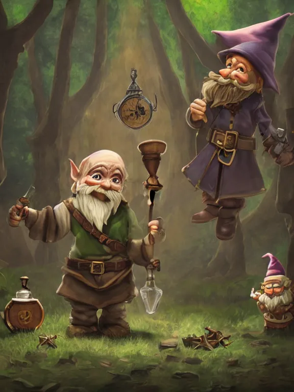 Image similar to evil alchemist gnome, brown tuffle coat, evil smile, flasks in hands, giving flasks to other gnomes, dnd, forest background, matte painting, midjourney