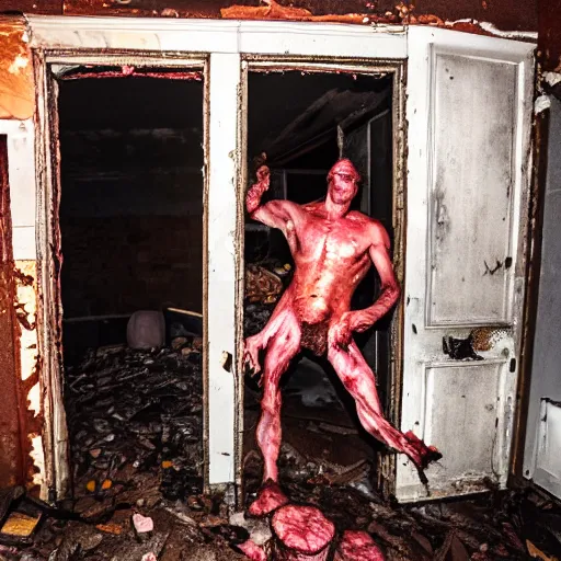 Image similar to flash photography of a male meat creature inside a abandoned house,