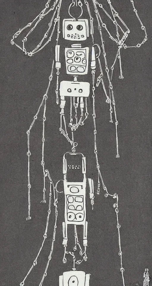 Prompt: a robot hanging by chains upside down peacefully, beautiful Japanese ink painting inspired by the hanged man tarot card, sharp lines