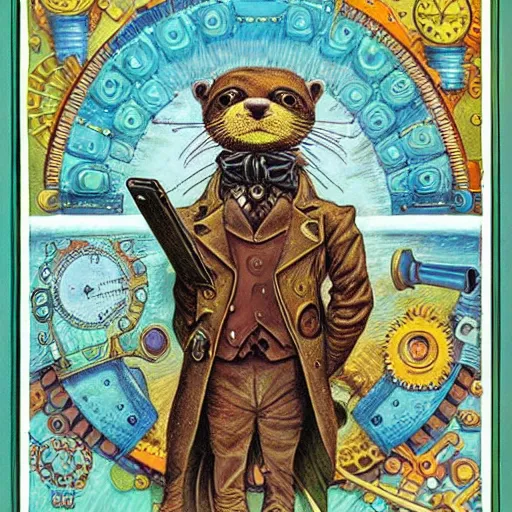 Image similar to steampunk otter inventor, fantasy illustration, Louis William Wain