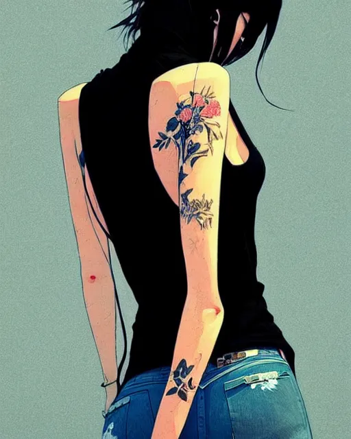 Image similar to a ultradetailed beautiful back painting of a stylish woman, she is wearing a black tank top and jeans, by conrad roset, greg rutkowski and makoto shinkai trending on artstation