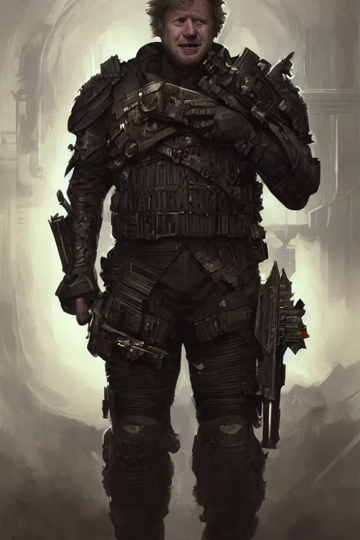 Image similar to Boris Johnson as Punisher, armor plate, realistic portrait, symmetrical, highly detailed, digital painting, artstation, concept art, smooth, sharp focus, illustration, cinematic lighting, art by artgerm and greg rutkowski and alphonse mucha