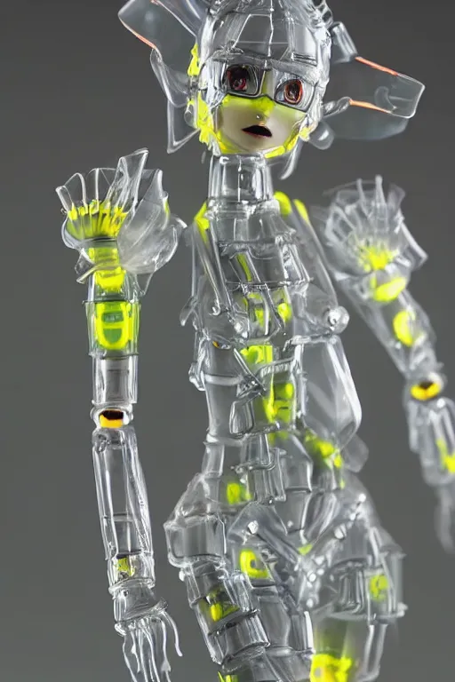Image similar to a intricate anime figurine that looks like a transparent plastic anime robot with fluo colored details covered in yellow smoke, moody light, flemish painting