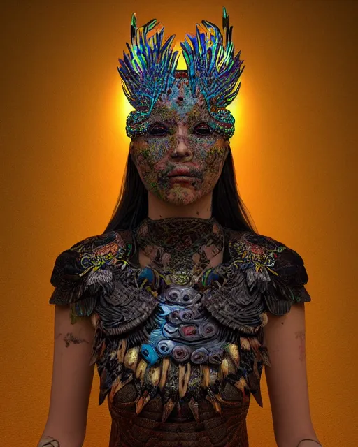 Image similar to 3 d warrior goddess medium shot portrait. beautiful hyperrealistic intricate highly detailed magpie helm and richly embroidered blouse, quetzalcoatl, bioluminescent, curious, kintsugi, plasma, lava, ice, feather, artwork by tooth wu and wlop and chiara bautista, octane 3 d render