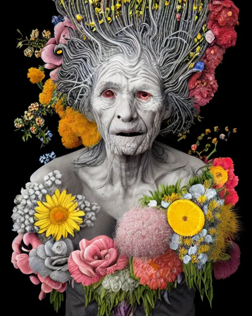 Prompt: a portrait of a fleshy old woman covered in flowers in the style of guiseppe arcimboldo and james jean, covered in wispy gray hair with a hint of neon, hd 3 d, highly detailed and intricate. centred in image.