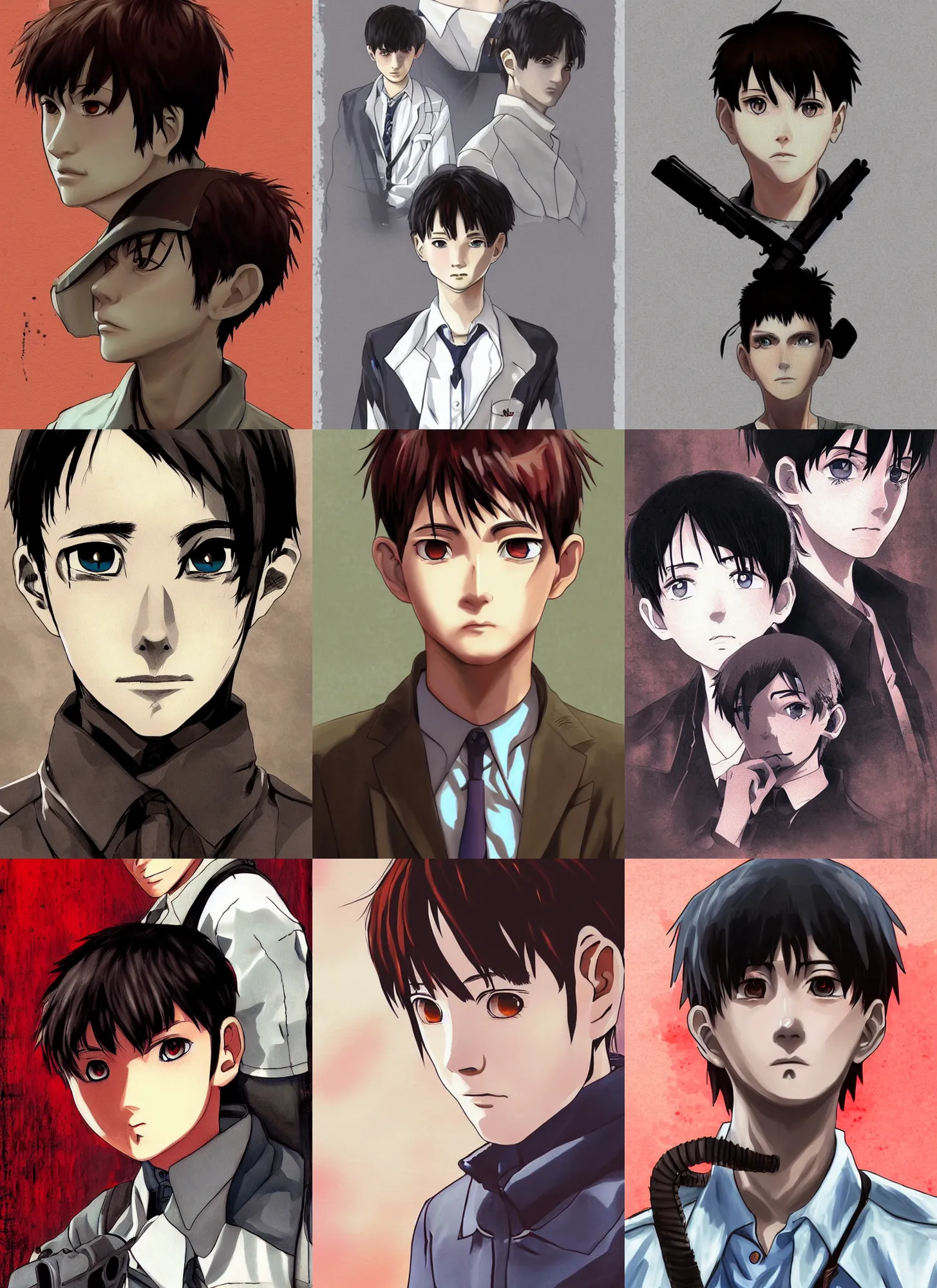 Prompt: shinji ikari, red dead redemption art style, realistic anime, portrait, beautiful face, symmetrical face