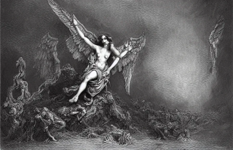 Image similar to fallen angel, illustration by Gustave Dore, high resolution