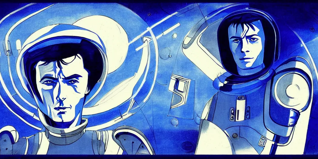 Image similar to blue white orange traditional drawn colorful animation a symmetrical portrait of lonely single Alain Delon Stallone Clint Eastwood alone pilot in posing in spaceship station planet captain bridge outer worlds robots extraterrestrial hyper contrast well drawn Metal Hurlant Pilote and Pif in Jean Henri Gaston Giraud animation film The Masters of Time FANTASTIC PLANET La planète sauvage animation by René Laloux