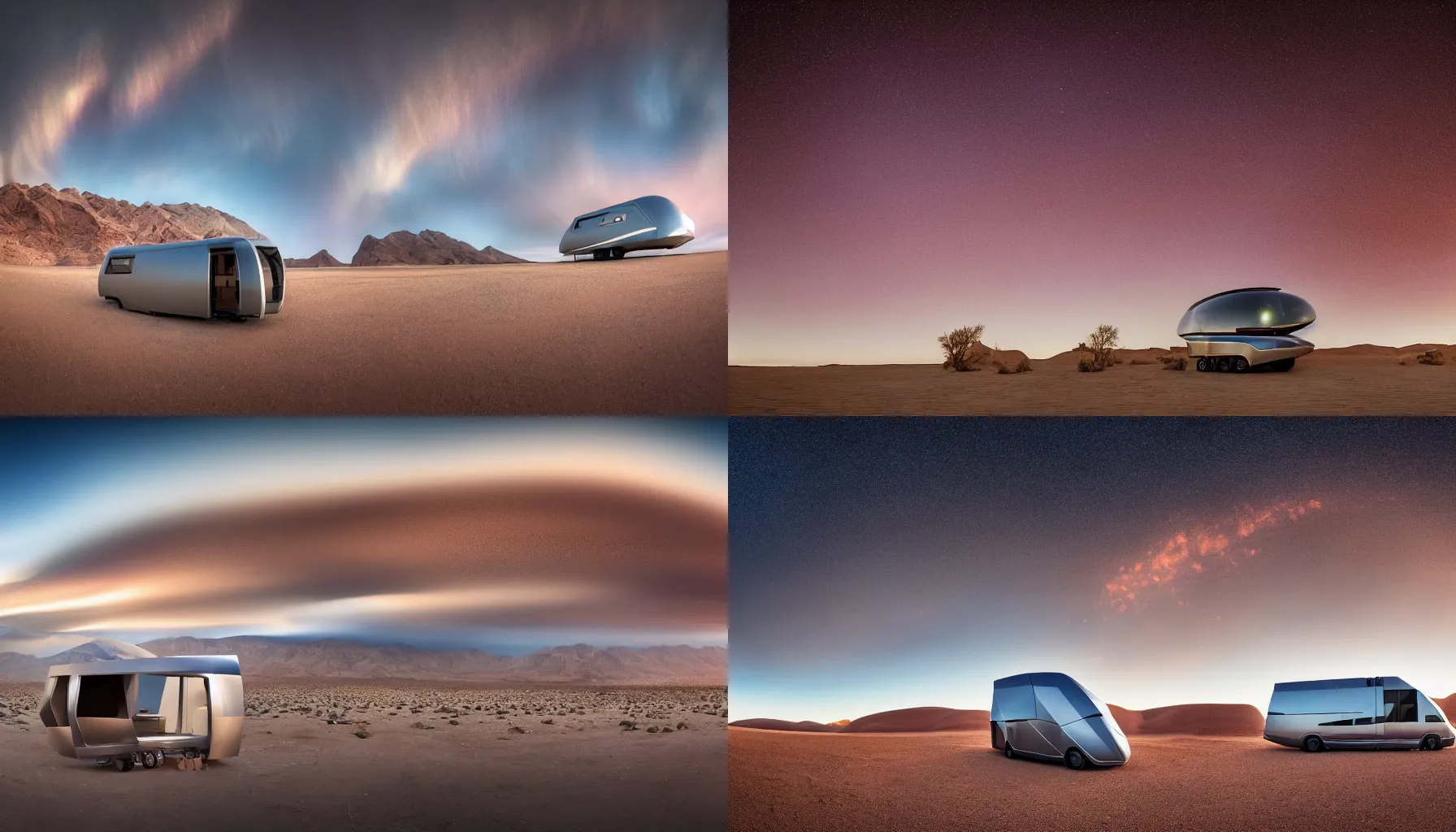 Prompt: a professional photograph of a beautiful futuristic Winnebago designed by Buckminster Fuller and Zaha Hadid in a picturesque alien desert. Astronauts are camping nearby. Mammatus clouds worms eye shot, wide-angle, racking focus, extreme panoramic, Dynamic Range, HDR, chromatic aberration, Orton effect, Photo by Marc Adamus, Ryan Dyar, Ezra Stoller, and Andres Gursky