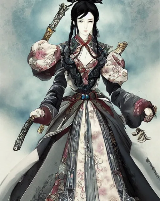 Image similar to lady snowblood movie character, baroque style, elegant, beautiful, mesmerizing, concept art, highly detailed, artstation, behance, deviantart, inspired by innocent manga, inspired by castlevania concept art, trending, ayami kojima, shinichi sakamoto