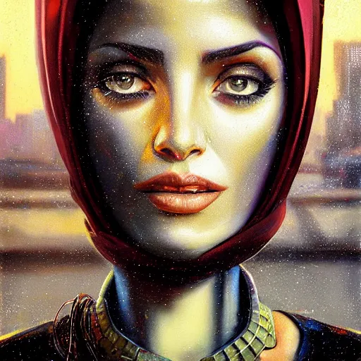 Prompt: detailed face of an arabic woman, clockwork, moment, tectonic sky, skydome, bullet train, turbines, utopian, tech noir, wet reflections, prism, atmospheric, ambient, pj crook, syd mead, livia prima, artgerm, greg rutkowski, nick alm, casey baugh