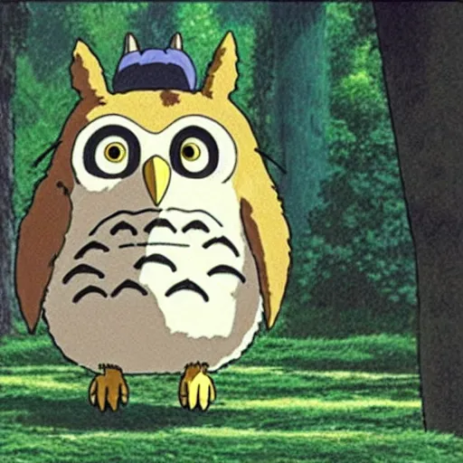 Image similar to still from studio ghibli movie My Neighbor Totoro, Hayao Miyazaki,barn owl in a black suit wearing an office bag going to the office, symetrical face