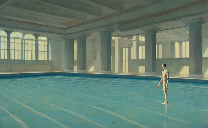 Prompt: Inside an empty big greek pool, very coherent, painted by Edward Hopper, Wayne Barlowe, painted by James Gilleard, airbrush, art by JamesJean