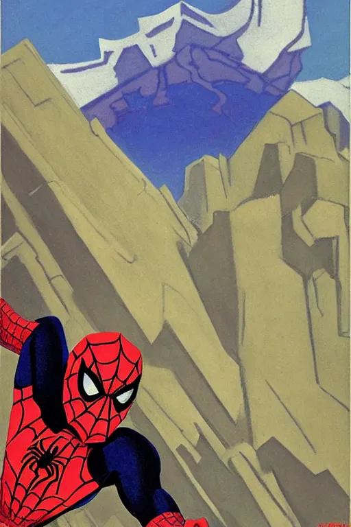 Image similar to spiderman stay on mountain, marvel, artwork by nicholas roerich,