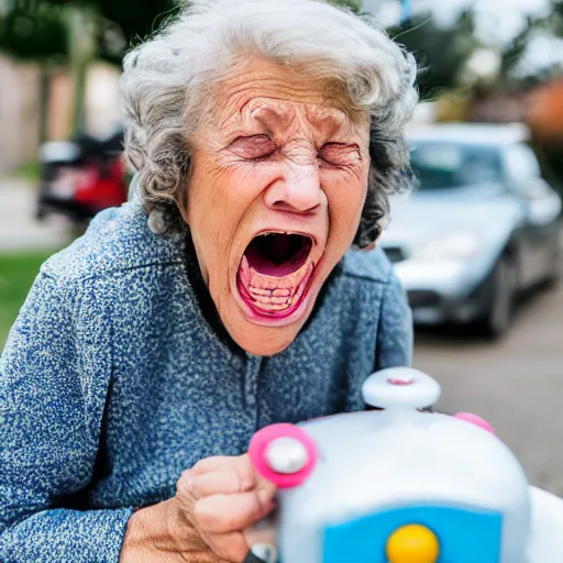 Prompt: elderly woman screaming at a toy car, canon eos r 3, f / 1. 4, iso 2 0 0, 1 / 1 6 0 s, 8 k, raw, unedited, symmetrical balance, wide angle