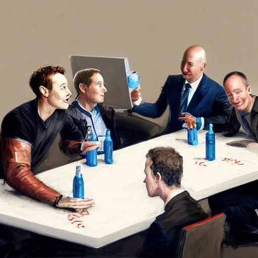 Prompt: portrait of elon musk, mark zuckerberg, jeff bezos, in meeting together, same table, very detailed, art contest winner on behance, trendy on deviant art, by by artgem, greg rutkowski