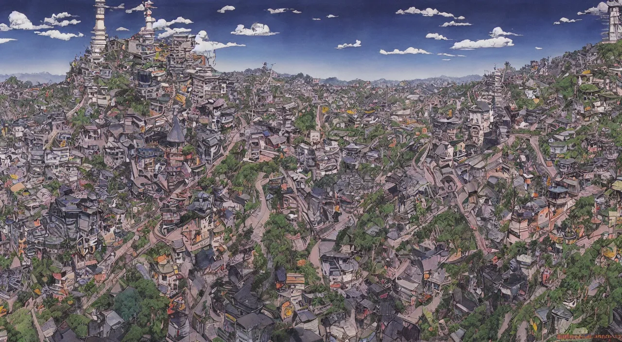 Prompt: A beautiful landscape painting of dystopian future in darjeeling city by junji ito and don bluth