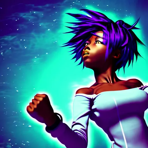 Image similar to portrait of black anime manga girl, throwing punch pose towards camera, french bob hair, white hair, by gustave dore, vaporwave colors, lofi colors, vaporwave, lofi, goth vibe, 4 k, smooth, hd, substance designer render, full body character concept art, 2 point lighting,